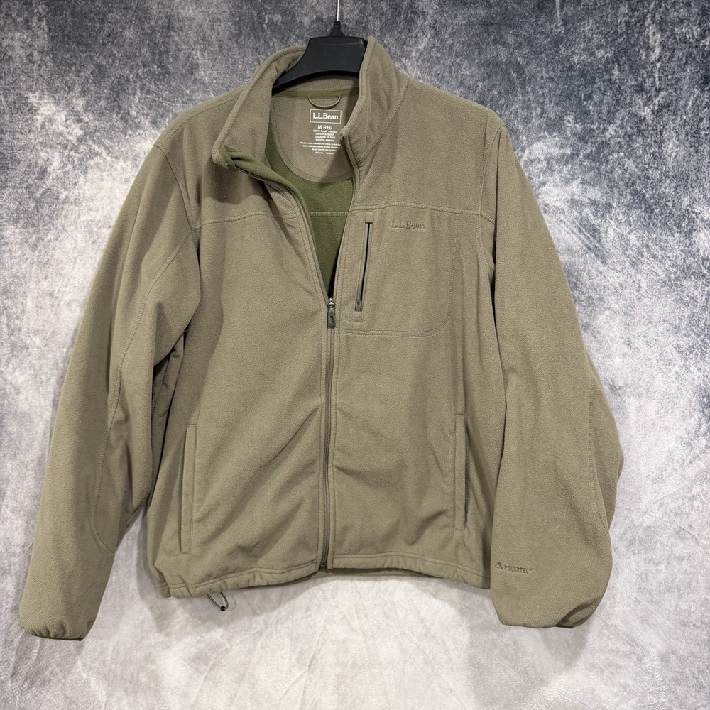 LL Bean Men's Medium Beige Polartec Fleece Full Zip Jacket Bomber LOGO